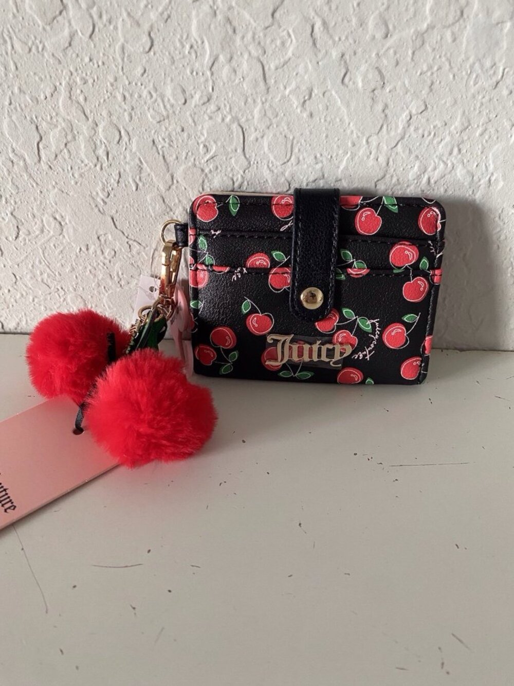 Juicy Couture Cherry Girl CC Wallet W/Back Window Black Red W/Charm Pom Pom NEW